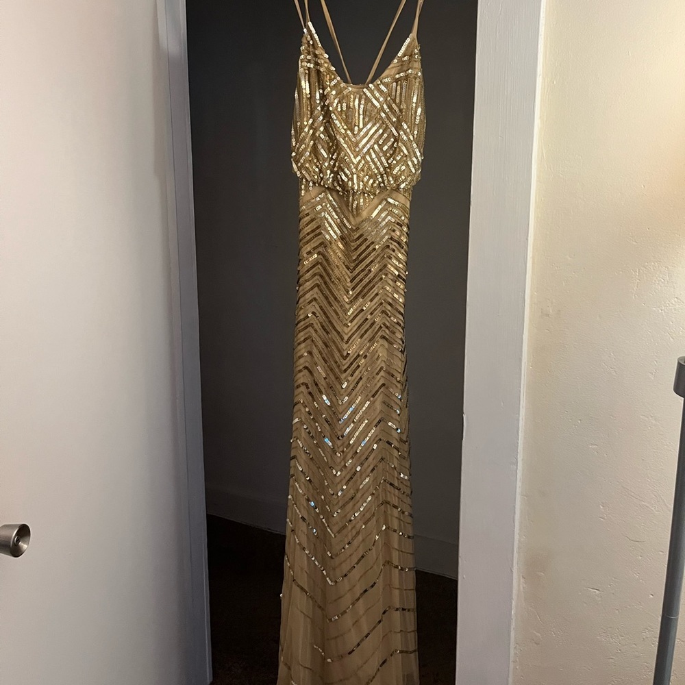 ADRIANNA PAPELL Chevron Beaded Blouson Maxi Dress Gown - GOLD - Size 6